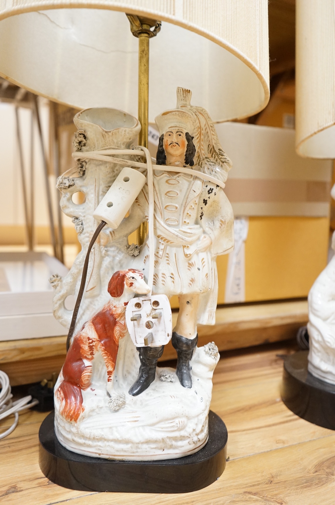 Three Victorian Staffordshire flat back groups, converted and mounted as table lamps, approximately 47cm high